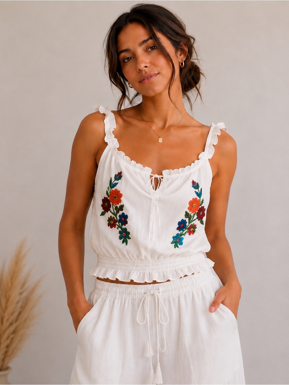 Poof! White Embroidered Floral Smocked Tank